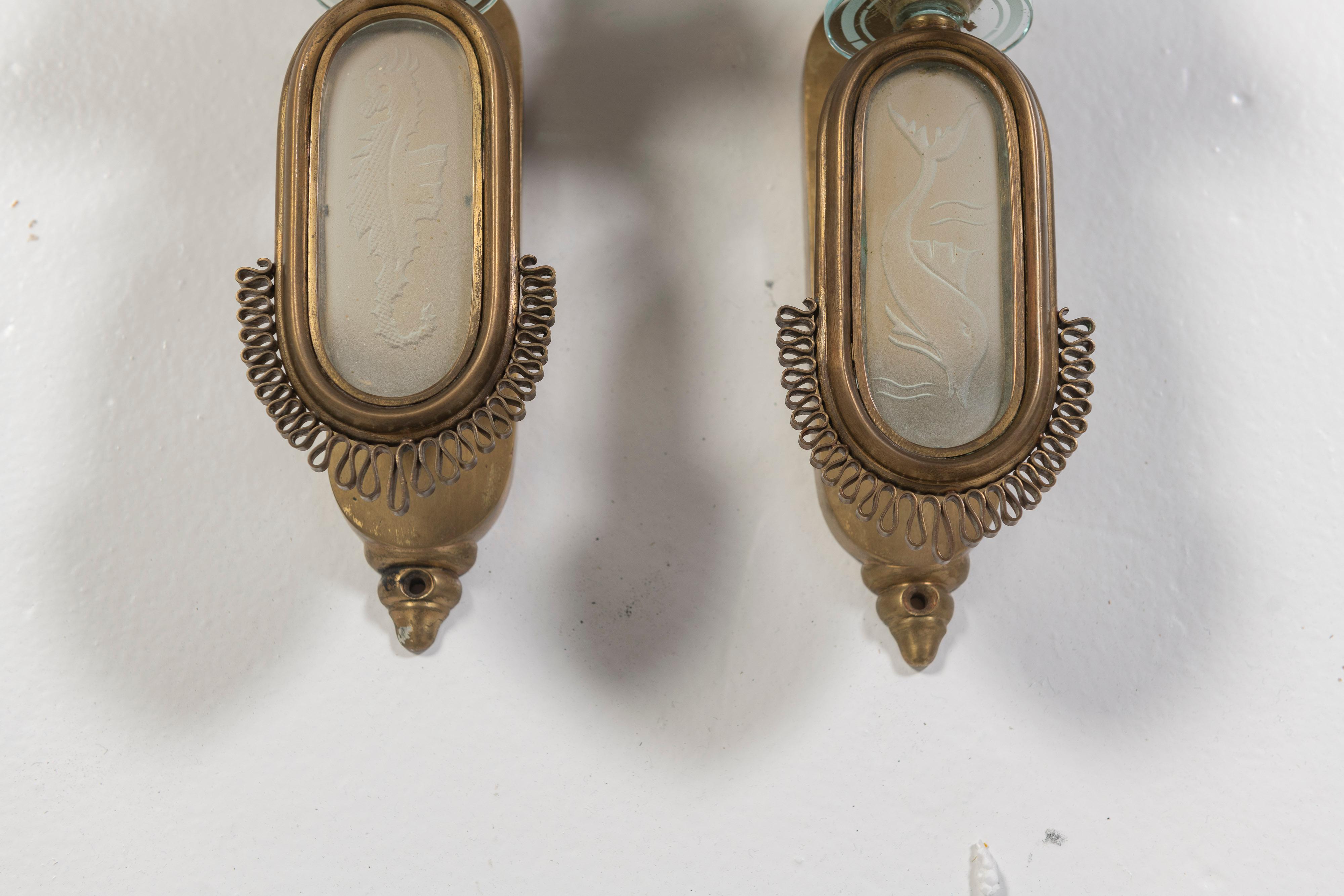 Pair of Sconces in Etched Glass, Cut Crystal and Brass, Attributed to Venini For Sale 1