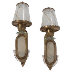 Coppia di lampade in vetro acidato, cristallo tagliato e ottone, attribuite a Venini
