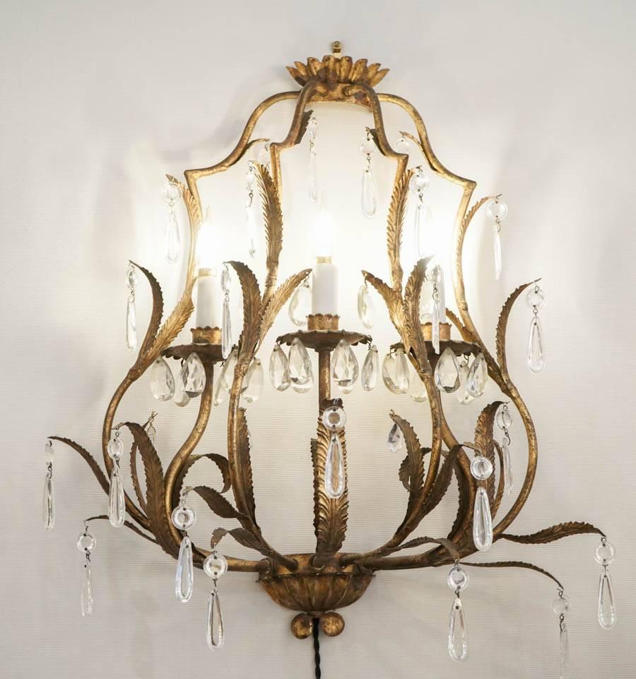 Mid-Century Modern Pair of Sconces in Gold gilt metal with crystals, 1950-1960, Three lights