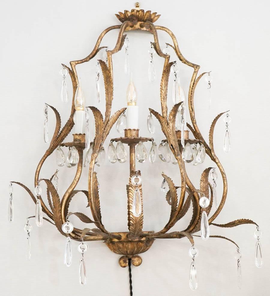 Mid-20th Century Pair of Sconces in Gold gilt metal with crystals, 1950-1960, Three lights