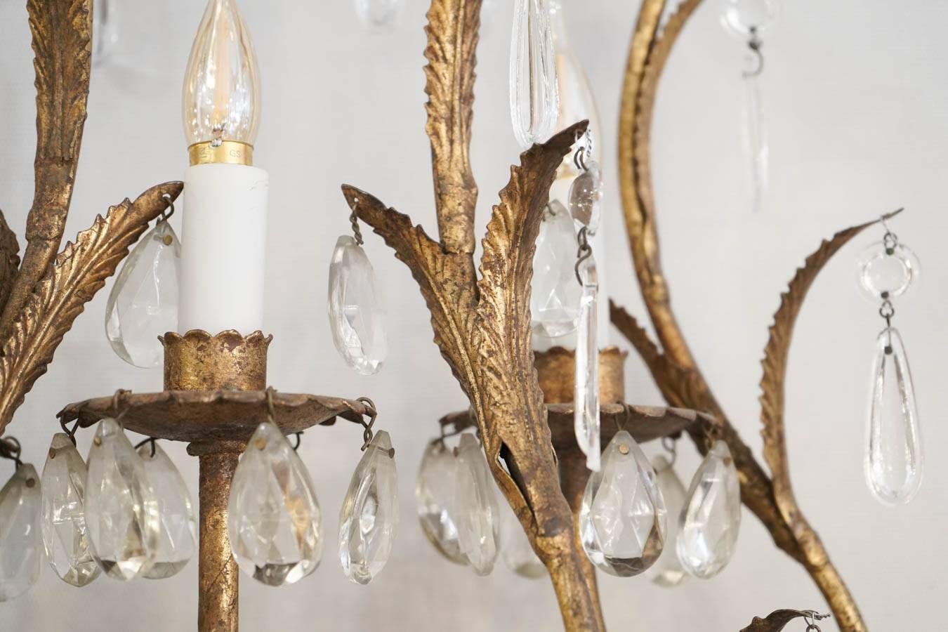 Pair of Sconces in Gold gilt metal with crystals, 1950-1960, Three lights 1