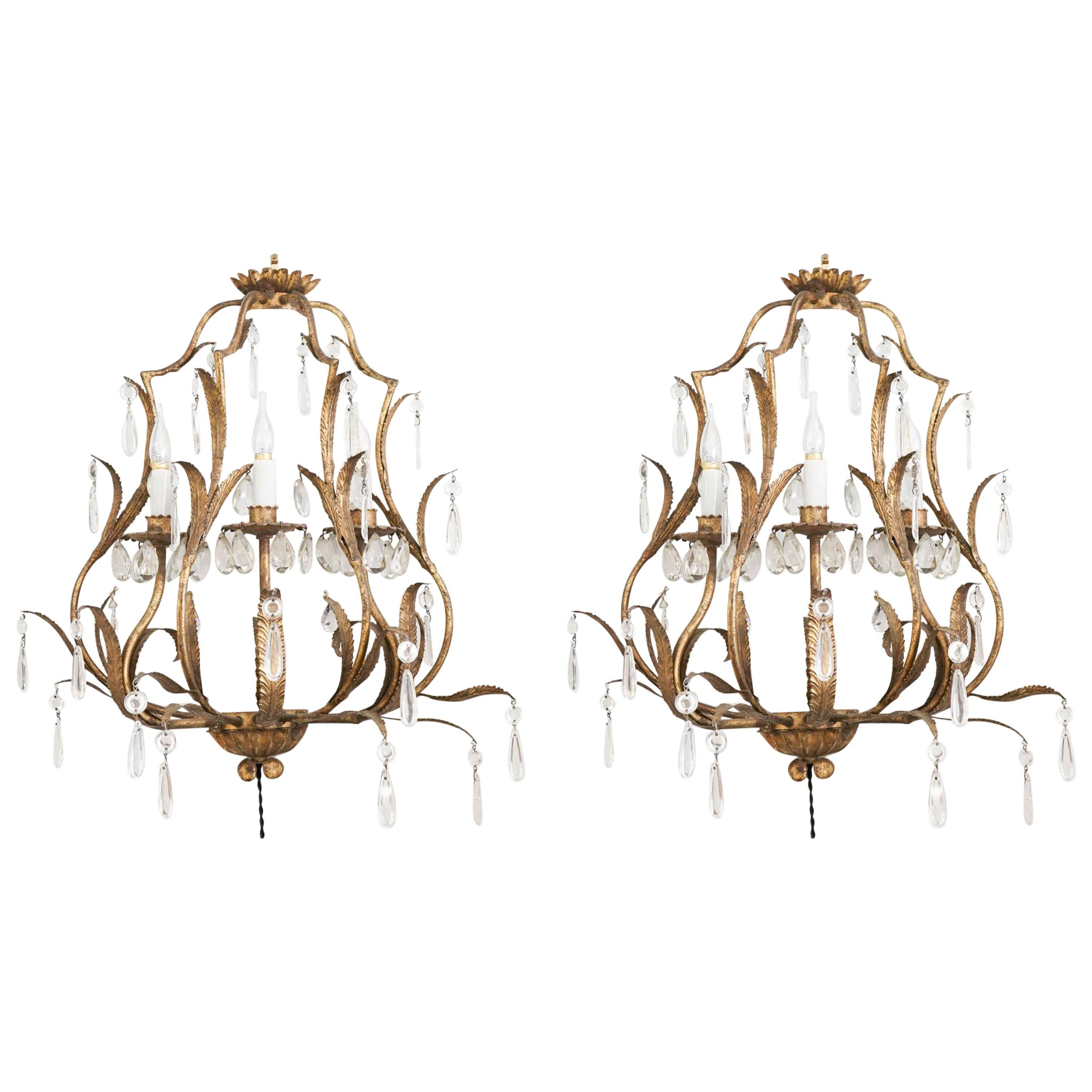 Pair of Sconces in Gold gilt metal with crystals, 1950-1960, Three lights
