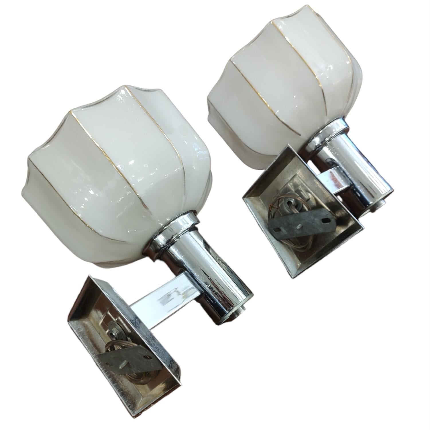 German Pair of Sconces in Opaline and Chrome Art Deco  For Sale