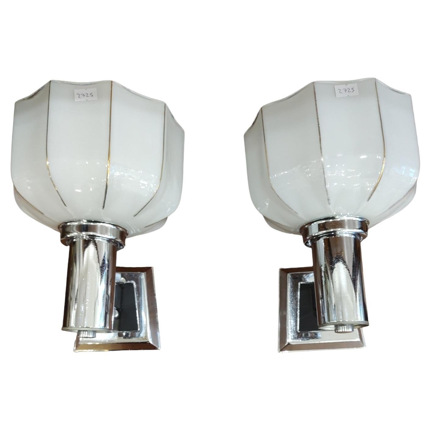 Pair of Sconces in Opaline and Chrome Art Deco  For Sale