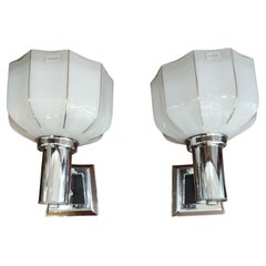 Pair of Sconces in Opaline and Chrome Art Deco 