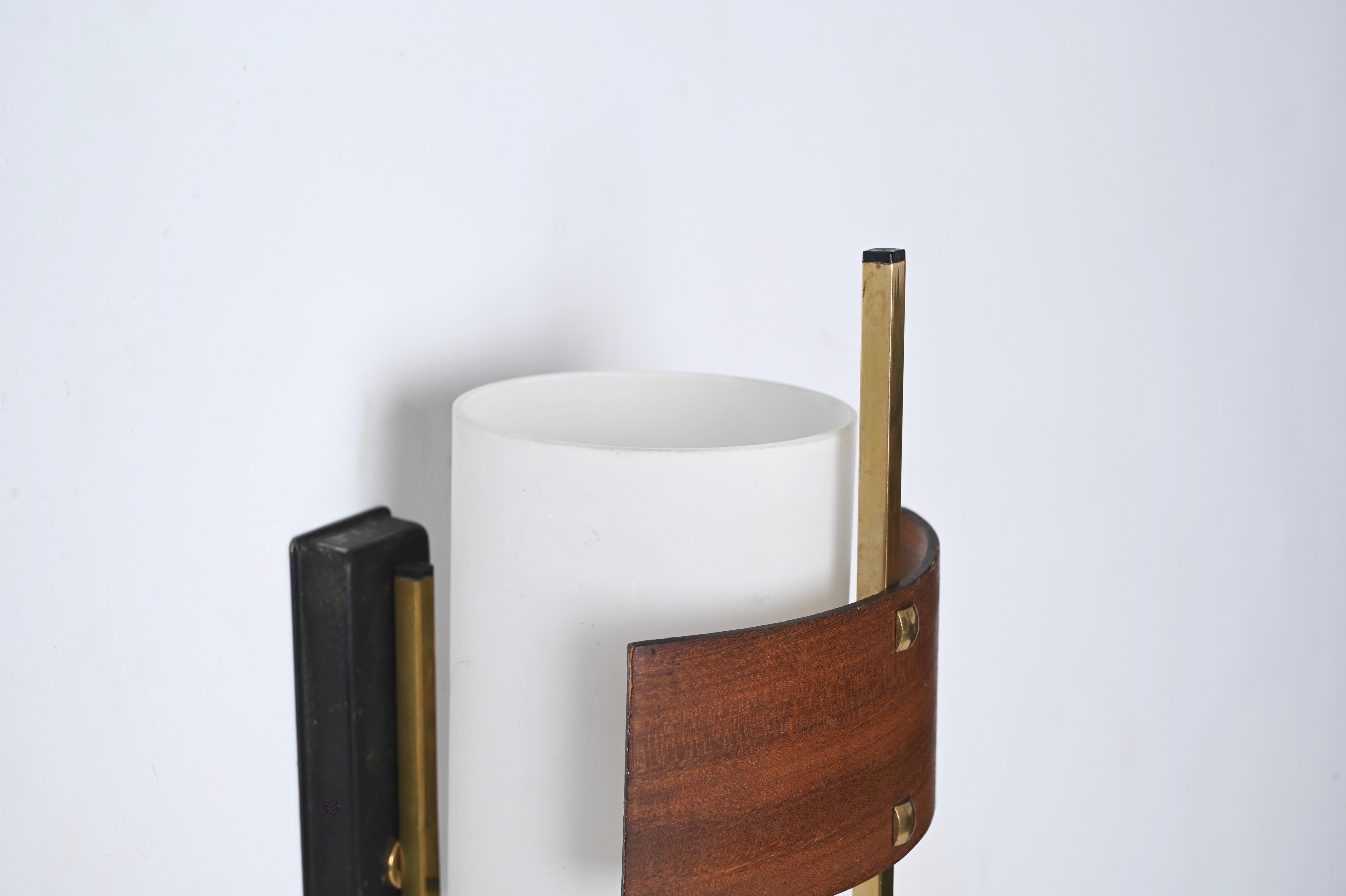 20th Century Pair of Sconces in Opaline Glass, Brass and Teak by Studio Reggiani, Italy 1960s For Sale