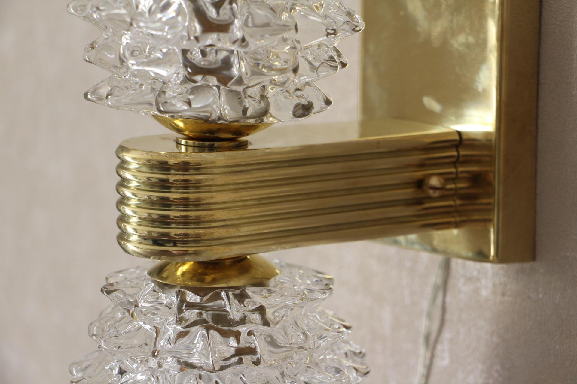 Mid-Century Modern Pair of Sconces in Rostrato Murano Glass by Barovier, Clear Glass Wall Lights For Sale