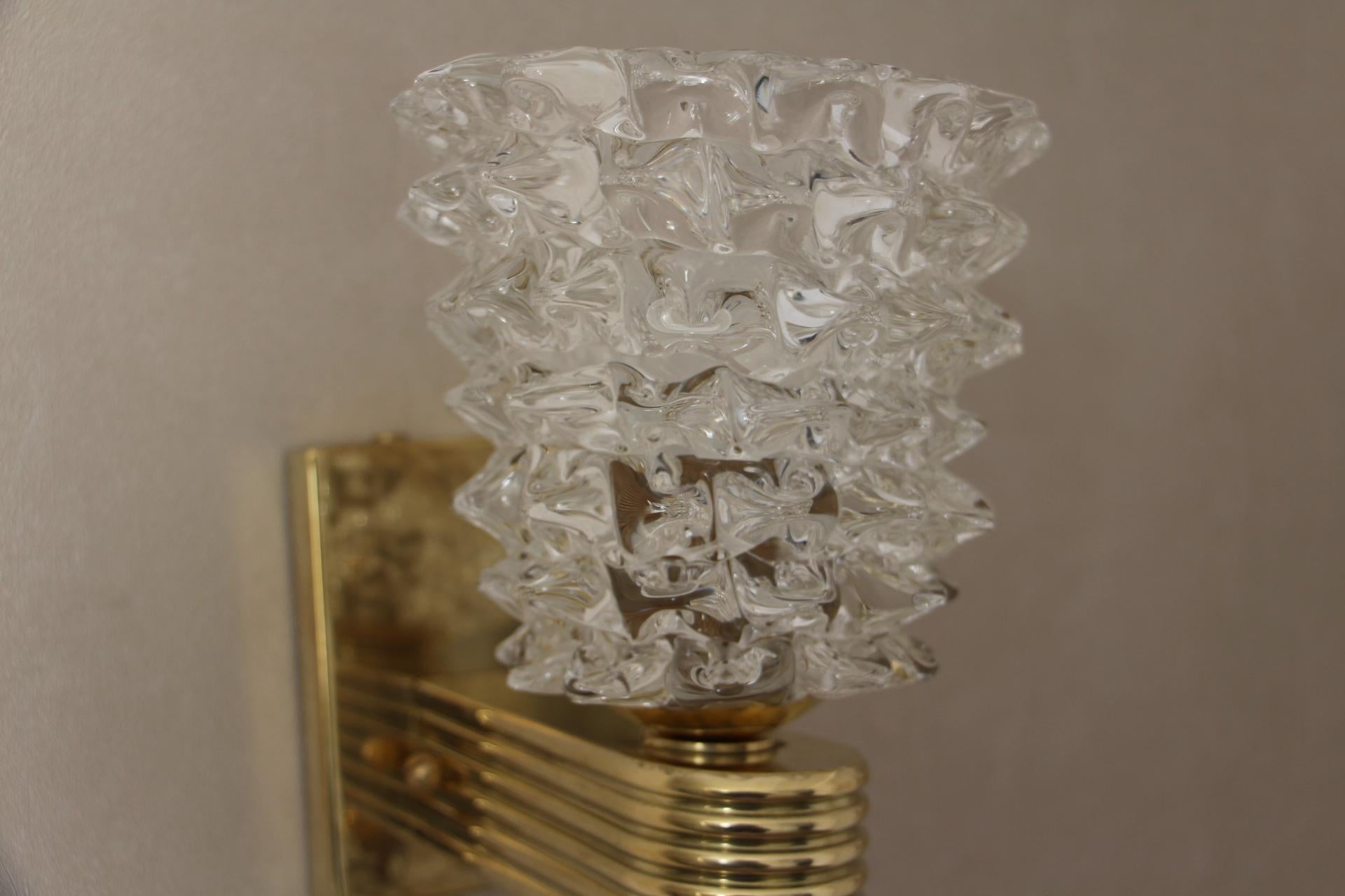 Hand-Crafted Pair of Sconces in Rostrato Murano Glass by Barovier, Clear Glass Wall Lights For Sale