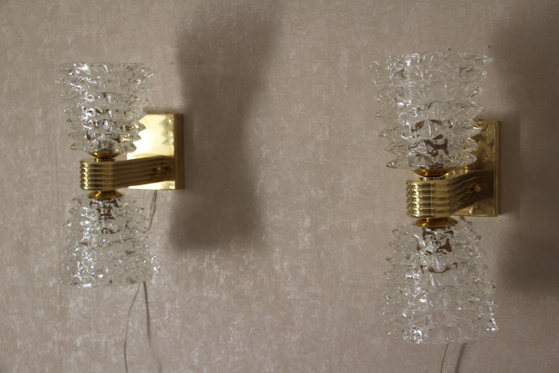 Pair of Sconces in Rostrato Murano Glass by Barovier, Clear Glass Wall Lights For Sale 1
