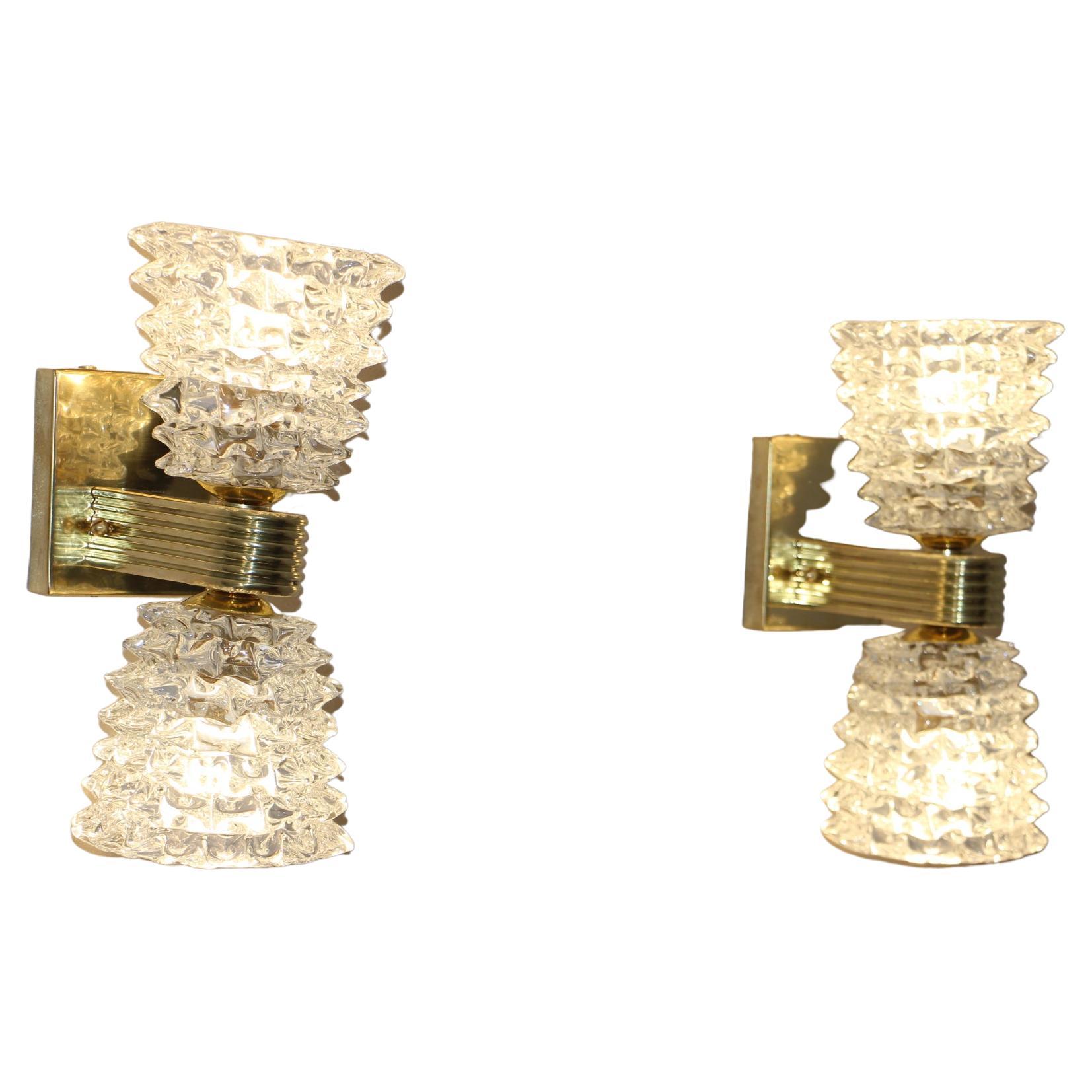 Pair of Sconces in Rostrato Murano Glass by Barovier, Clear Glass Wall Lights