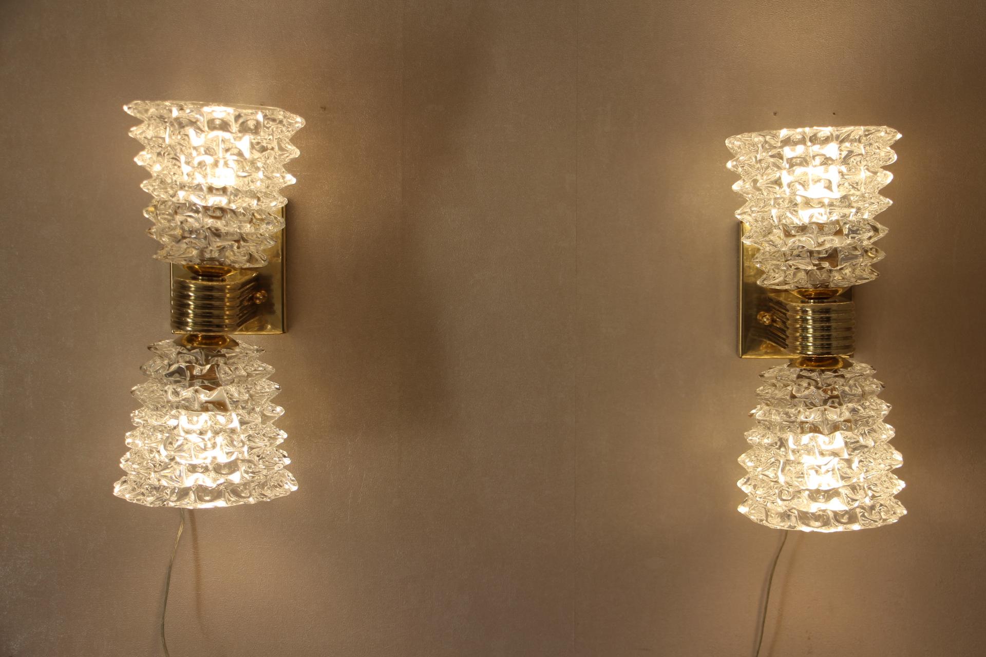 Pair of Sconces in Rostrato Murano Glass by Barovier, Clear Glass Wall Lights 2