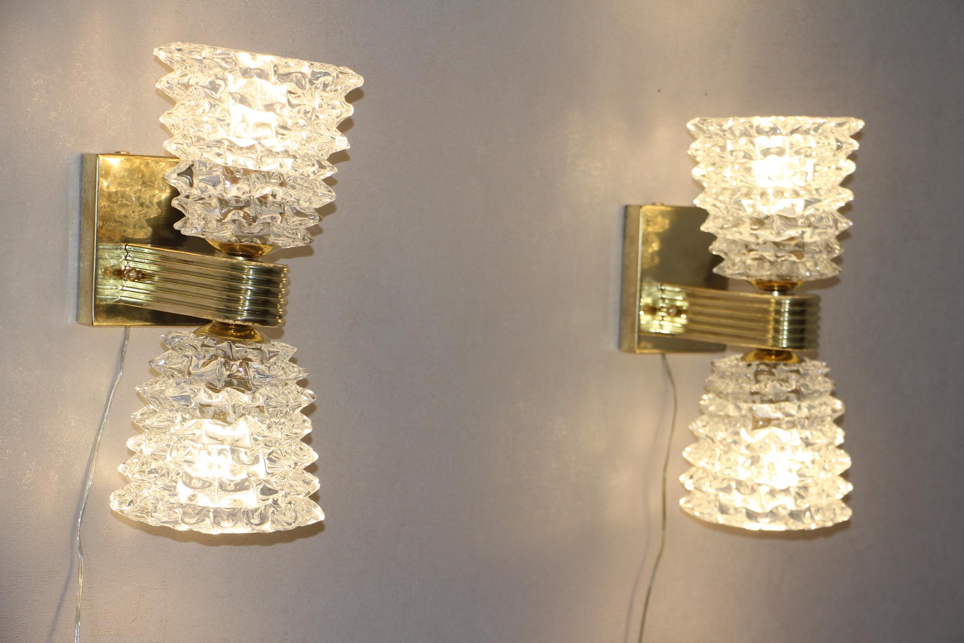 Pair of Sconces in Rostrato Murano Glass by Barovier, Clear Glass Wall Lights 5