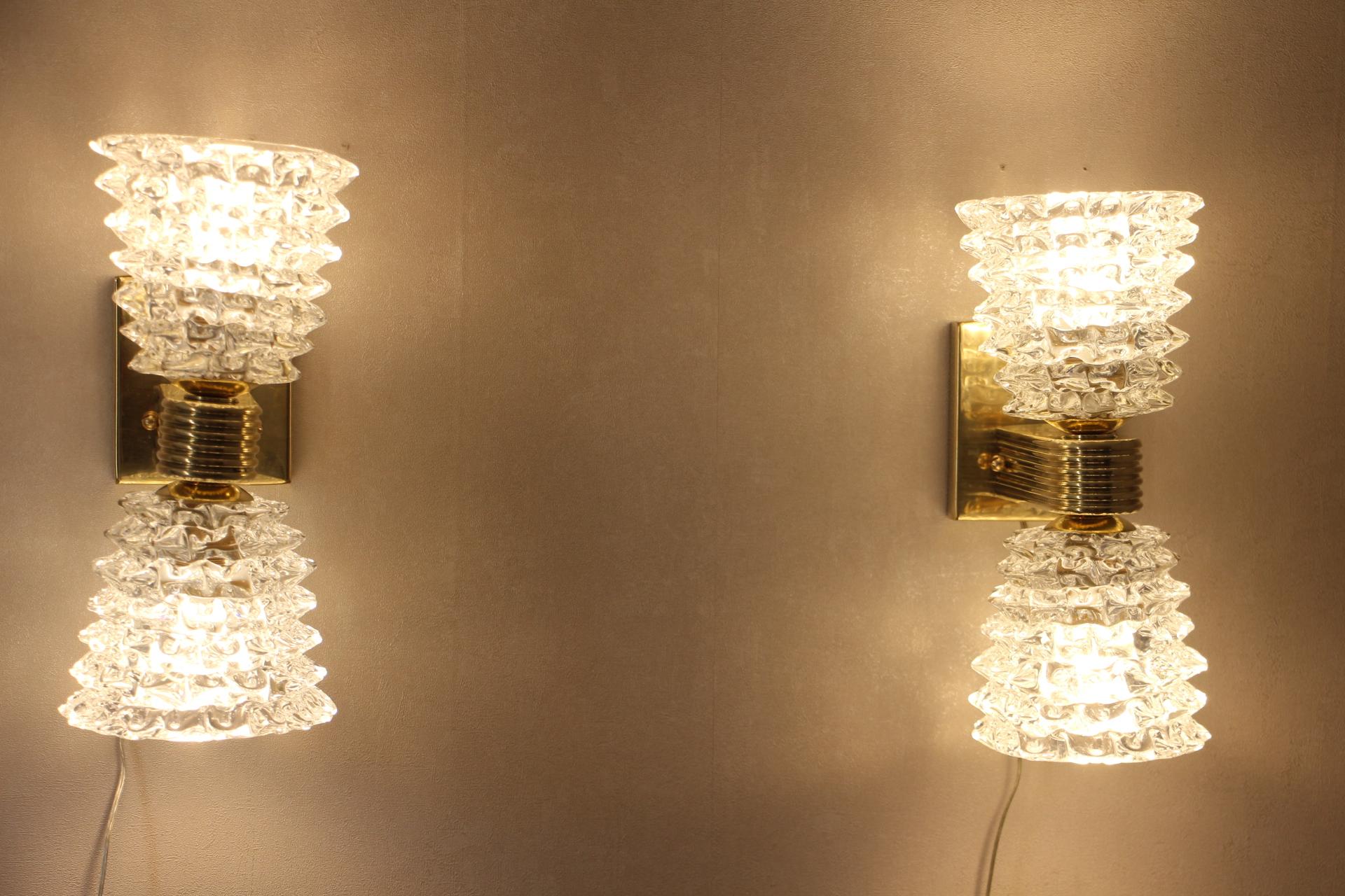 Pair of Sconces in Rostrato Murano Glass by Barovier, Clear Glass Wall Lights 6