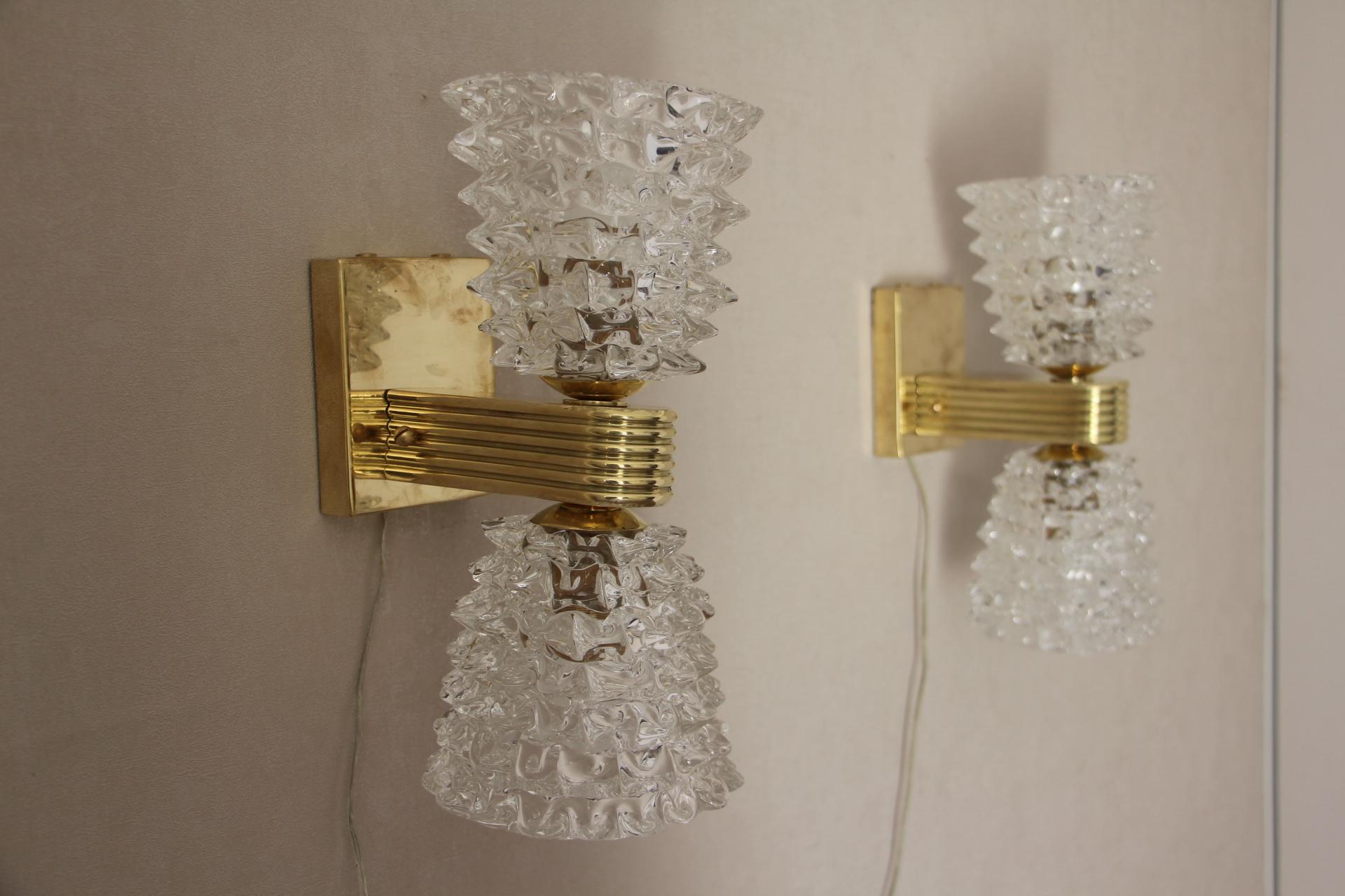 Pair of Sconces in Rostrato Murano Glass by Barovier, Clear Glass Wall Lights 9