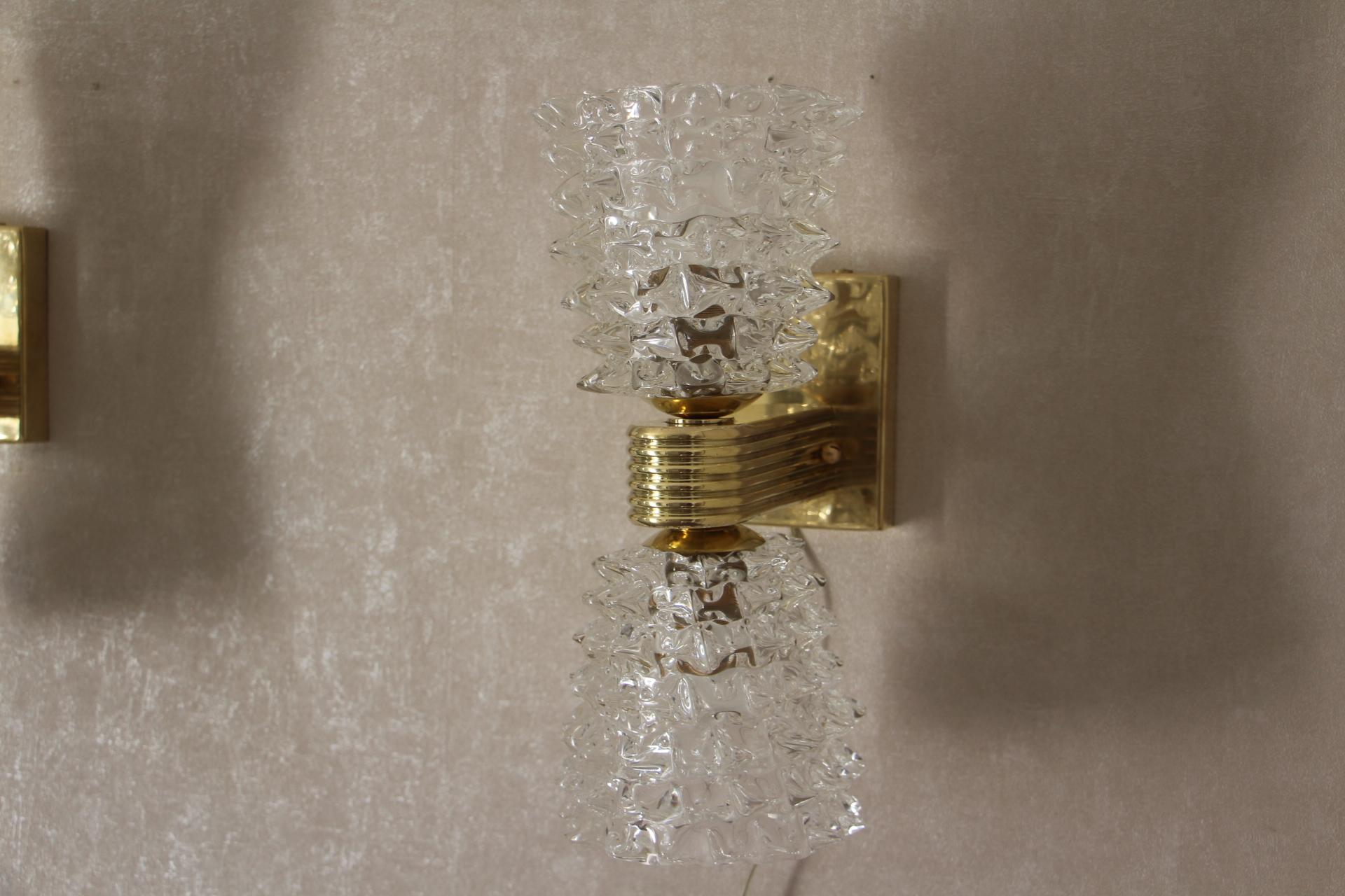 Hand-Crafted Pair of Sconces in Rostrato Murano Glass by Barovier, Clear Glass Wall Lights