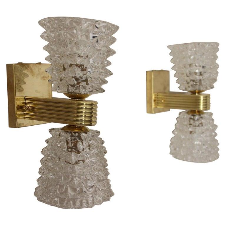Pair of Sconces in Rostrato Murano Glass by Barovier, Clear Glass Wall Lights