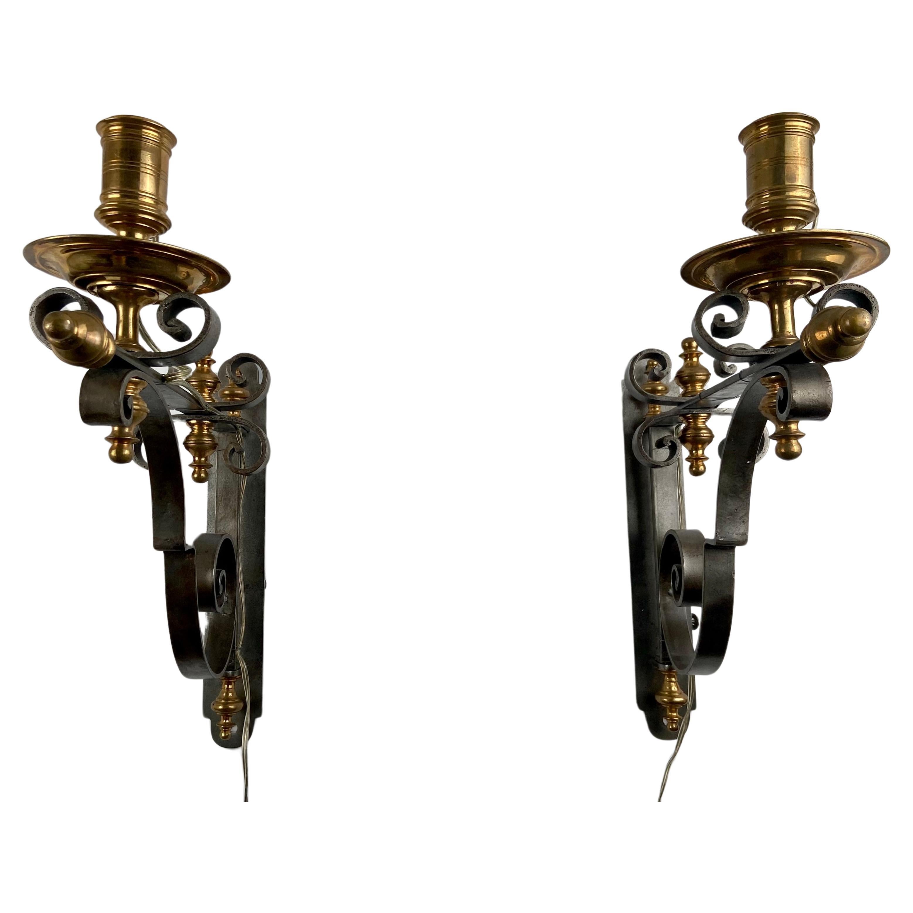 Pair of sconces in steel and bronze For Sale