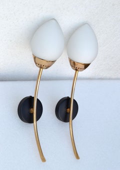 Pair of Sconces in the Style of Stilnovo Brass & Blown Opaline Shade France 1960