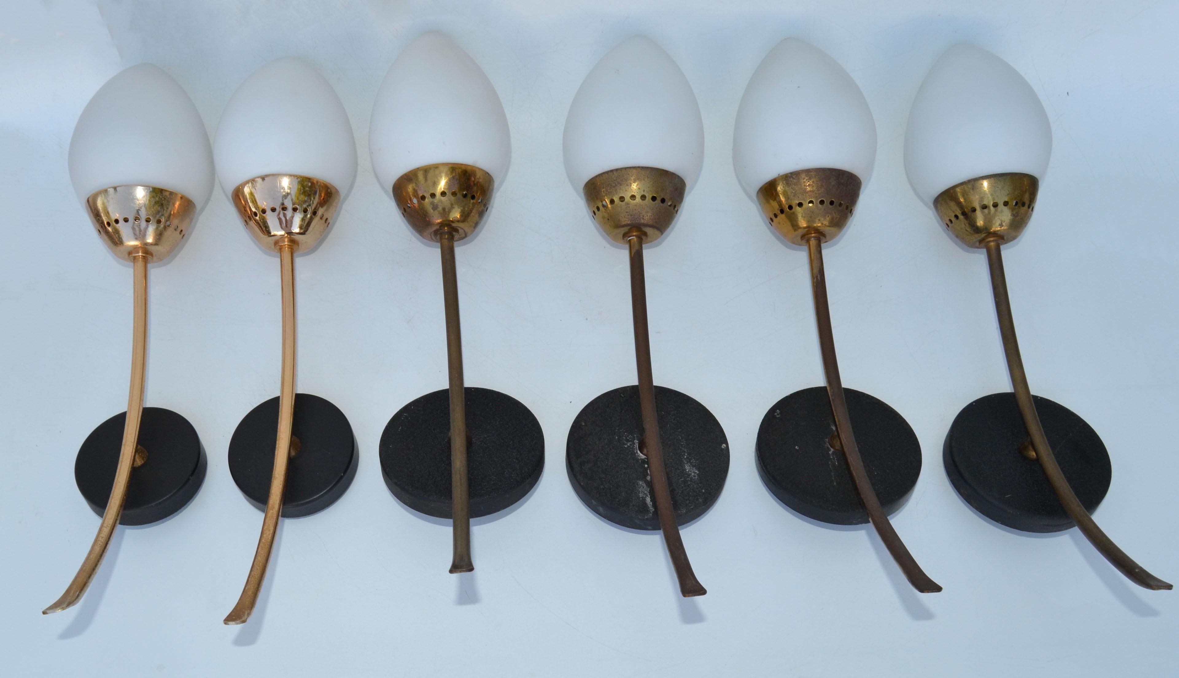 Hand-Crafted Pair of Sconces in the Style of Stilnovo Brass & Blown Opaline Shade France 1960 For Sale