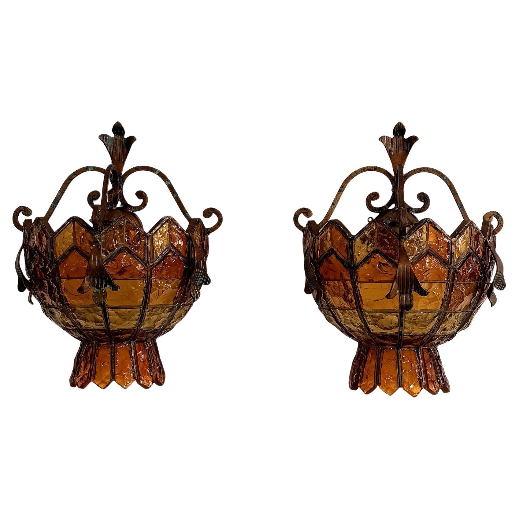 Pair of Sconces in Wrought Iron and Hammered Glass by Longobard, Italy, 1970s