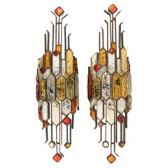Pair of Sconces in Wrought Iron and Hammered Glass by Longobard, Italy, 1970s