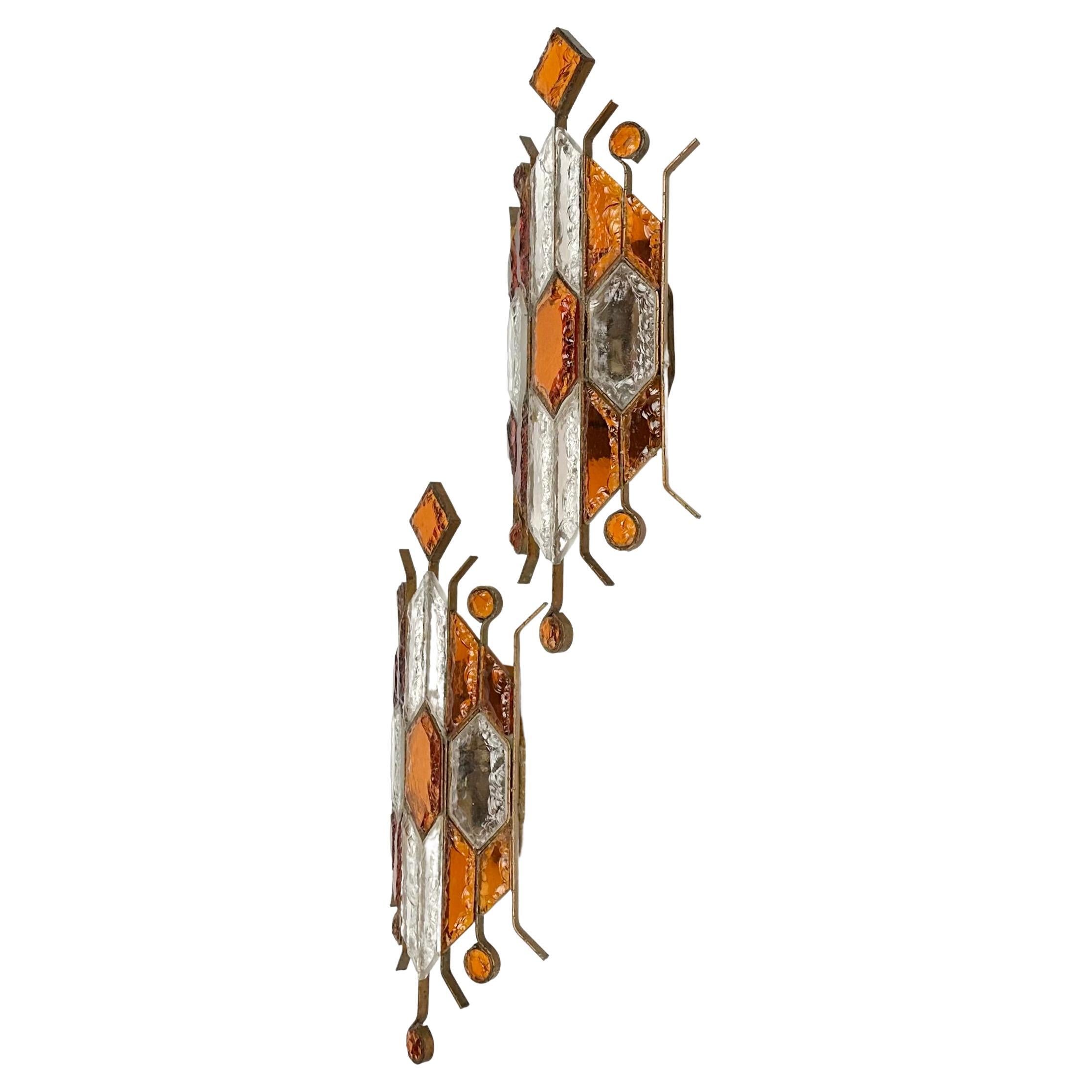 Pair of Sconces in Wrought Iron & Hammered Glass by Longobard, Italy, 1970s 3