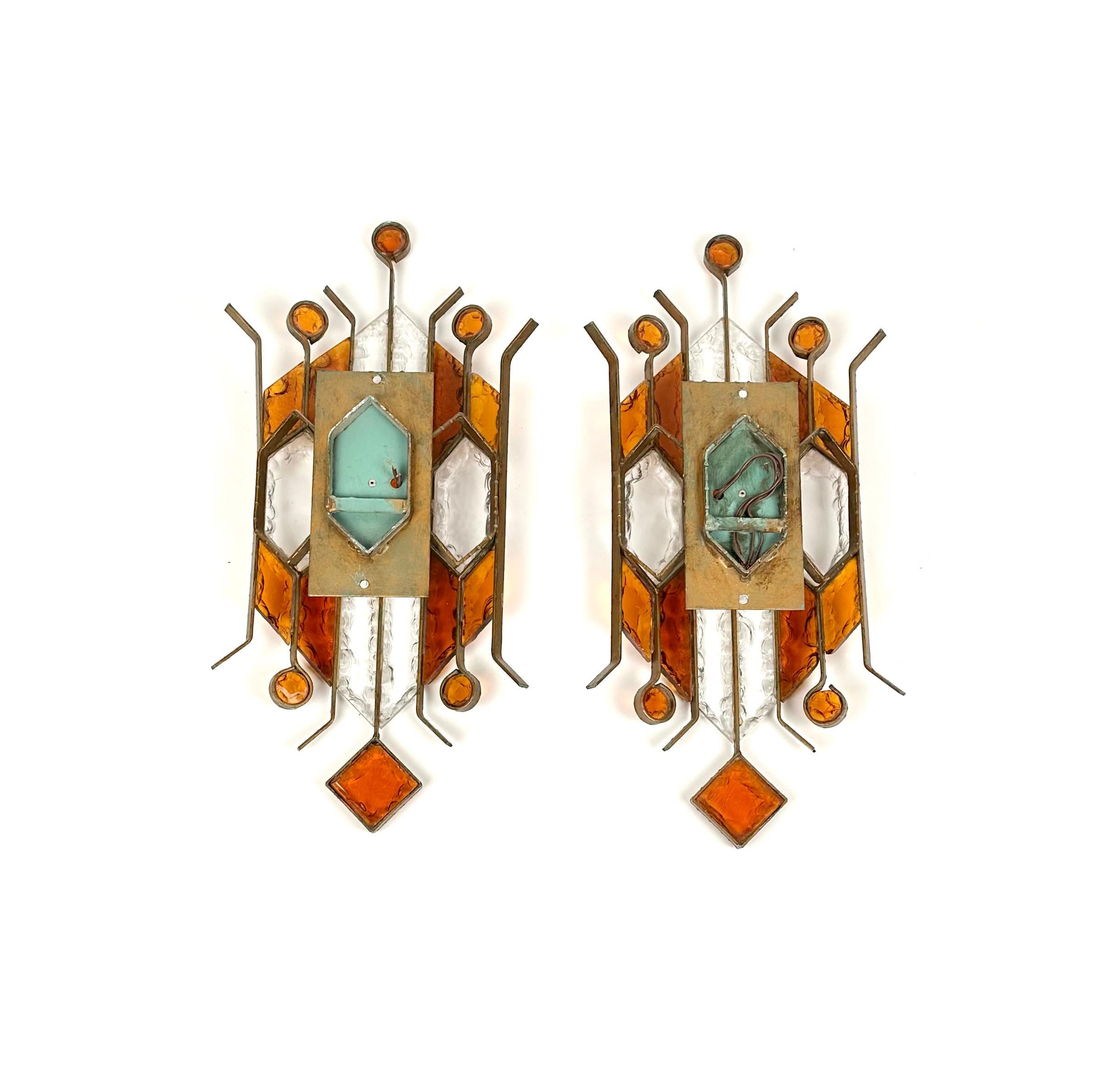 Pair of Sconces in Wrought Iron & Hammered Glass by Longobard, Italy, 1970s 4