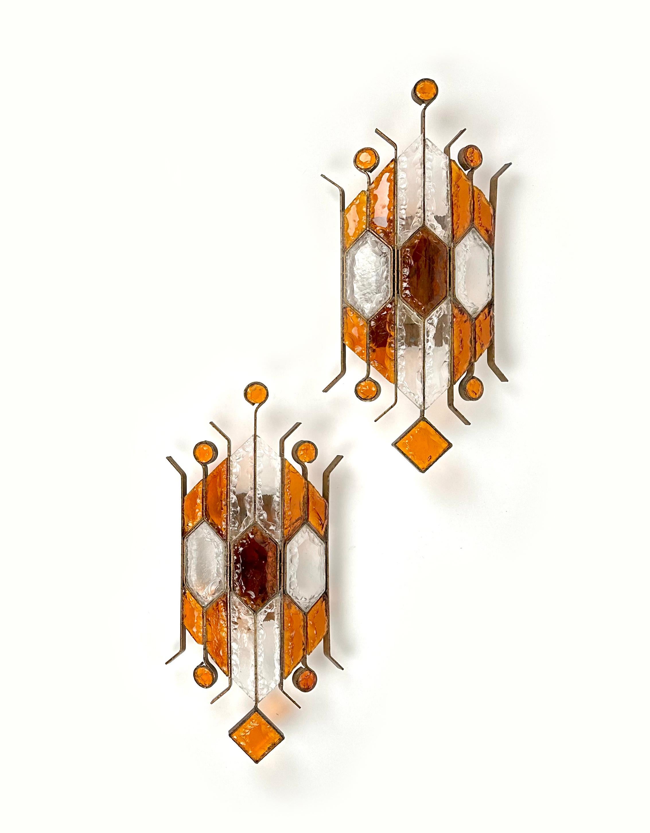 Mid-Century Modern Pair of Sconces in Wrought Iron & Hammered Glass by Longobard, Italy, 1970s
