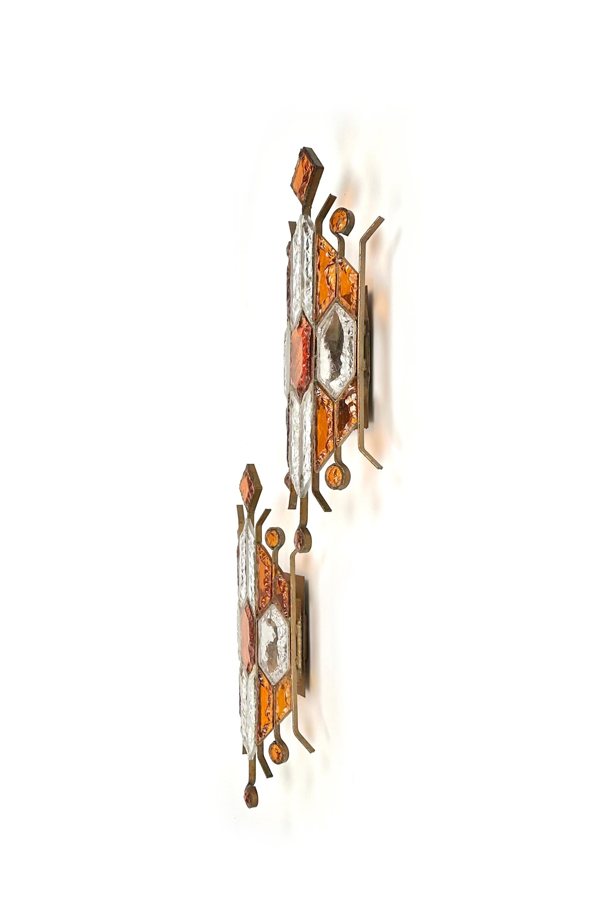 Italian Pair of Sconces in Wrought Iron & Hammered Glass by Longobard, Italy, 1970s