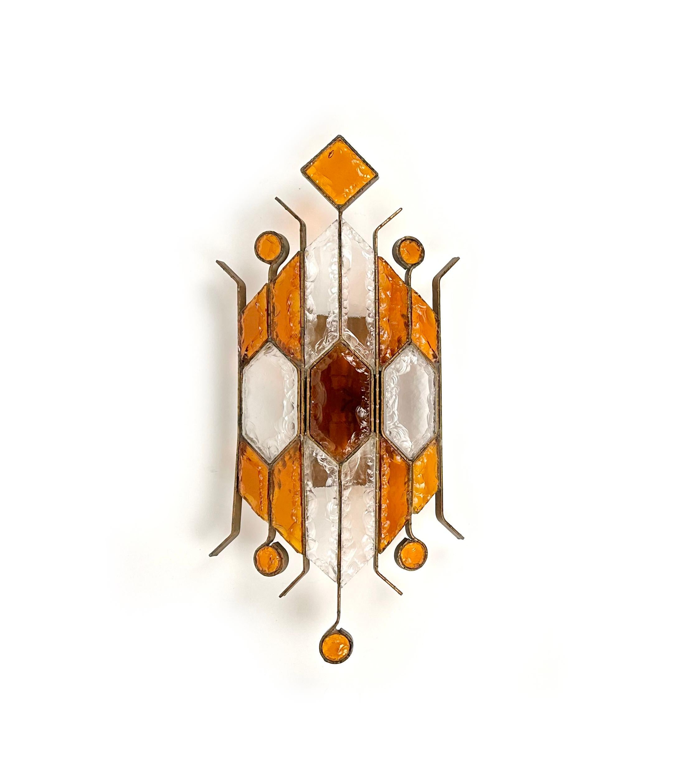 Pair of Sconces in Wrought Iron & Hammered Glass by Longobard, Italy, 1970s In Good Condition In Rome, IT