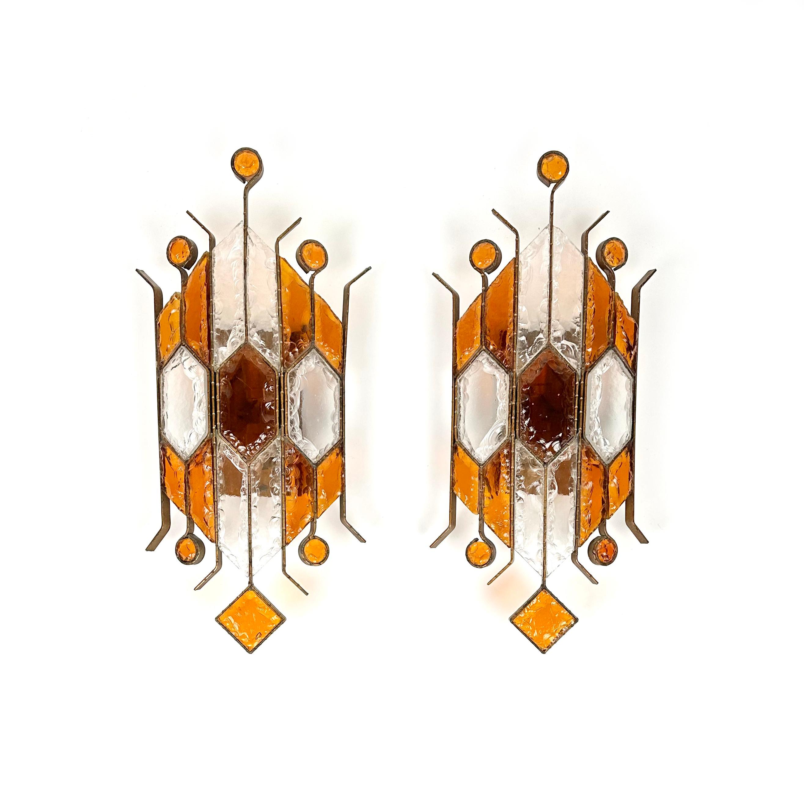 Late 20th Century Pair of Sconces in Wrought Iron & Hammered Glass by Longobard, Italy, 1970s