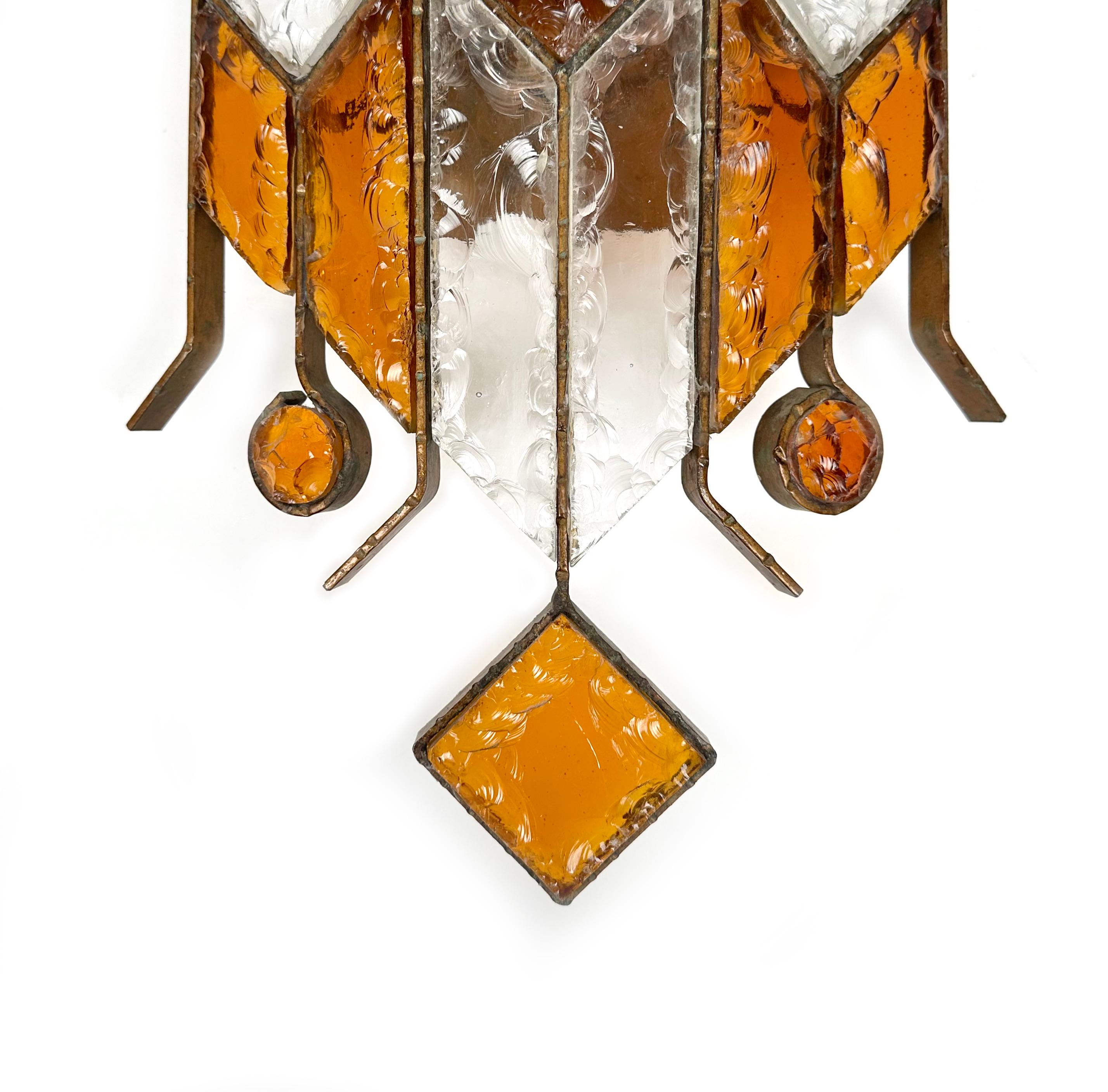 Pair of Sconces in Wrought Iron & Hammered Glass by Longobard, Italy, 1970s 1