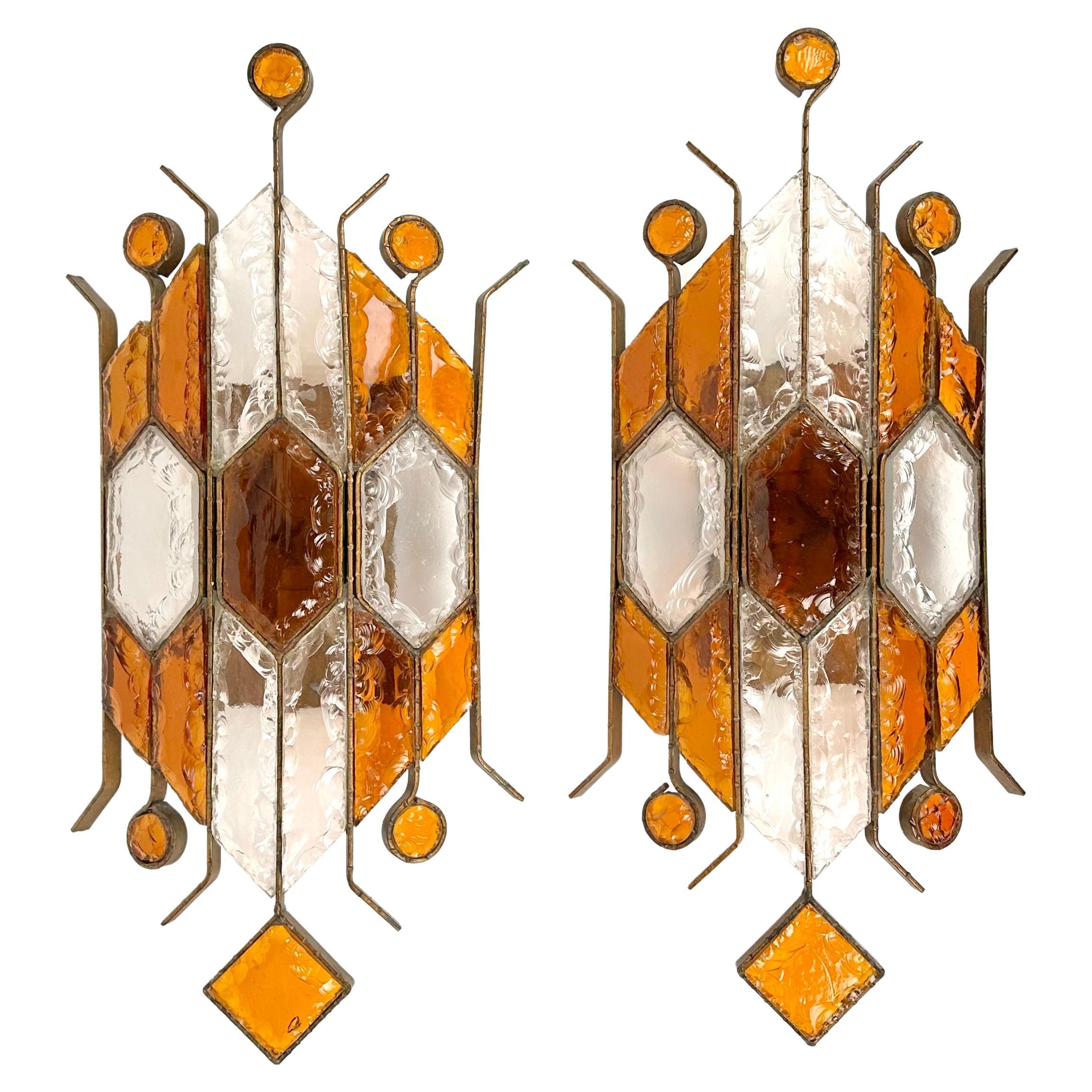 Pair of Sconces in Wrought Iron & Hammered Glass by Longobard, Italy, 1970s