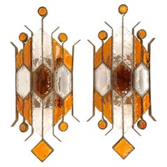 Pair of Sconces in Wrought Iron & Hammered Glass by Longobard, Italy, 1970s