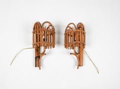 Pareja de faroles "linterna" de bambú y ratán estilo Louis Sognot, Italia, años 60