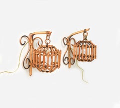 Pair of Sconces "Lantern" in Bamboo and Rattan Louis Sognot Style, Italy, 1960s