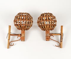 Paar Wandleuchter „Lantern“ aus Bambus und Rattan im Louis Sognot-Stil, Italien, 1960er Jahre