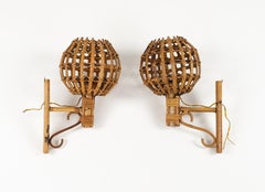 Pair of Sconces "Lantern" in Bamboo and Rattan Louis Sognot Style, Italy, 1960s