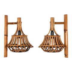 Paar Wandleuchter „Lantern“ aus Bambus und Rattan im Louis Sognot-Stil, Italien 1960er Jahre