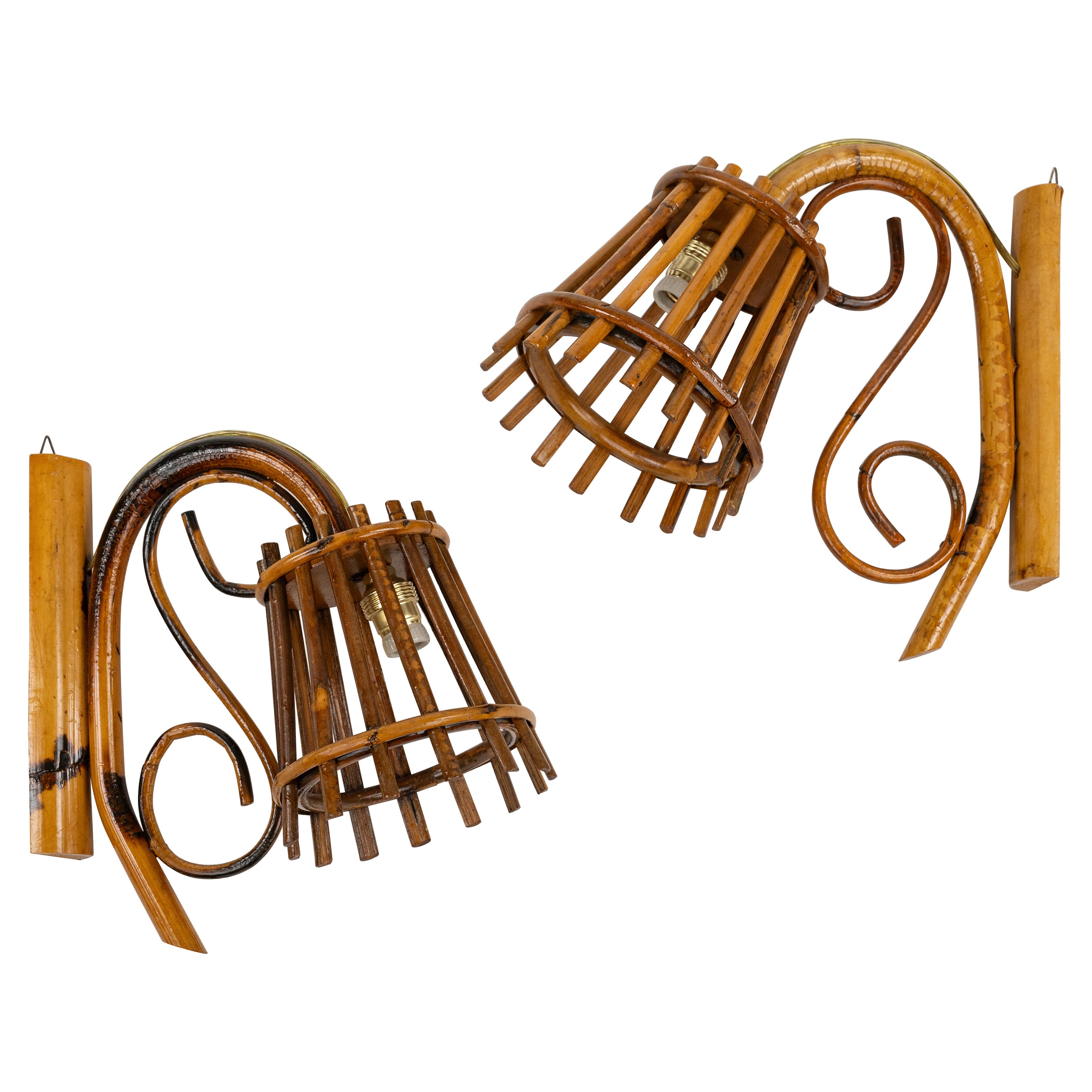 Pareja de faroles "linterna" de bambú y ratán estilo Louis Sognot, Italia, años 60