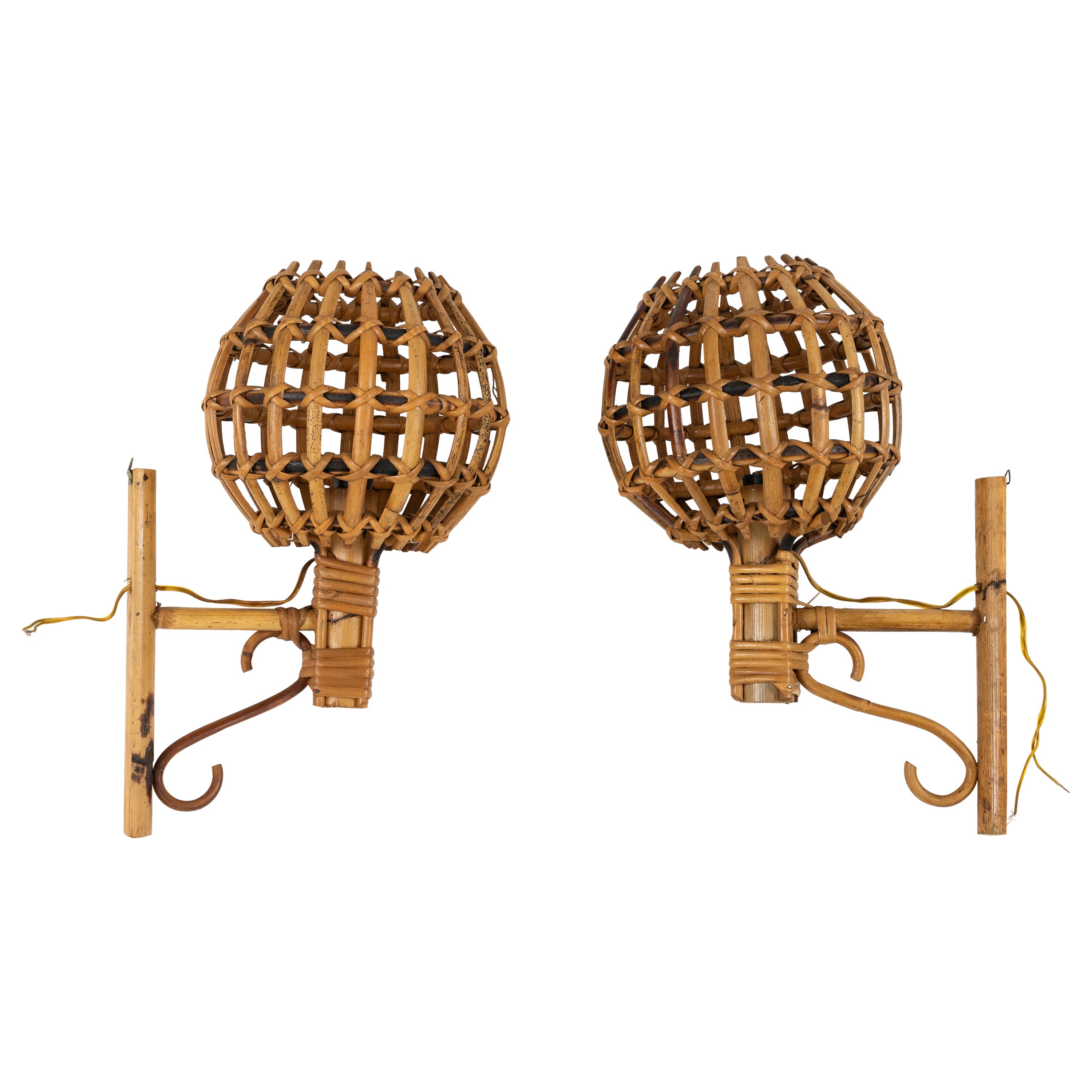 Paire d'appliques « Lanterne » en bambou et rotin de style Louis Sognot, Italie, années 1960