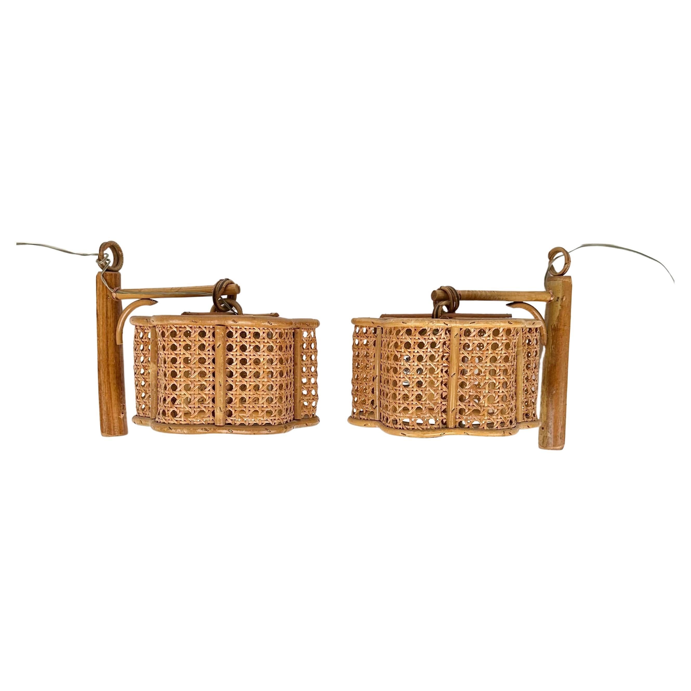Pair of Sconces "Lantern" in Bamboo and Rattan Louis Sognot Style, Italy, 1960s
