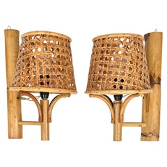 Pair of Sconces "Lantern" Rattan and Bamboo Louis Sognot Style, Italy, 1970s