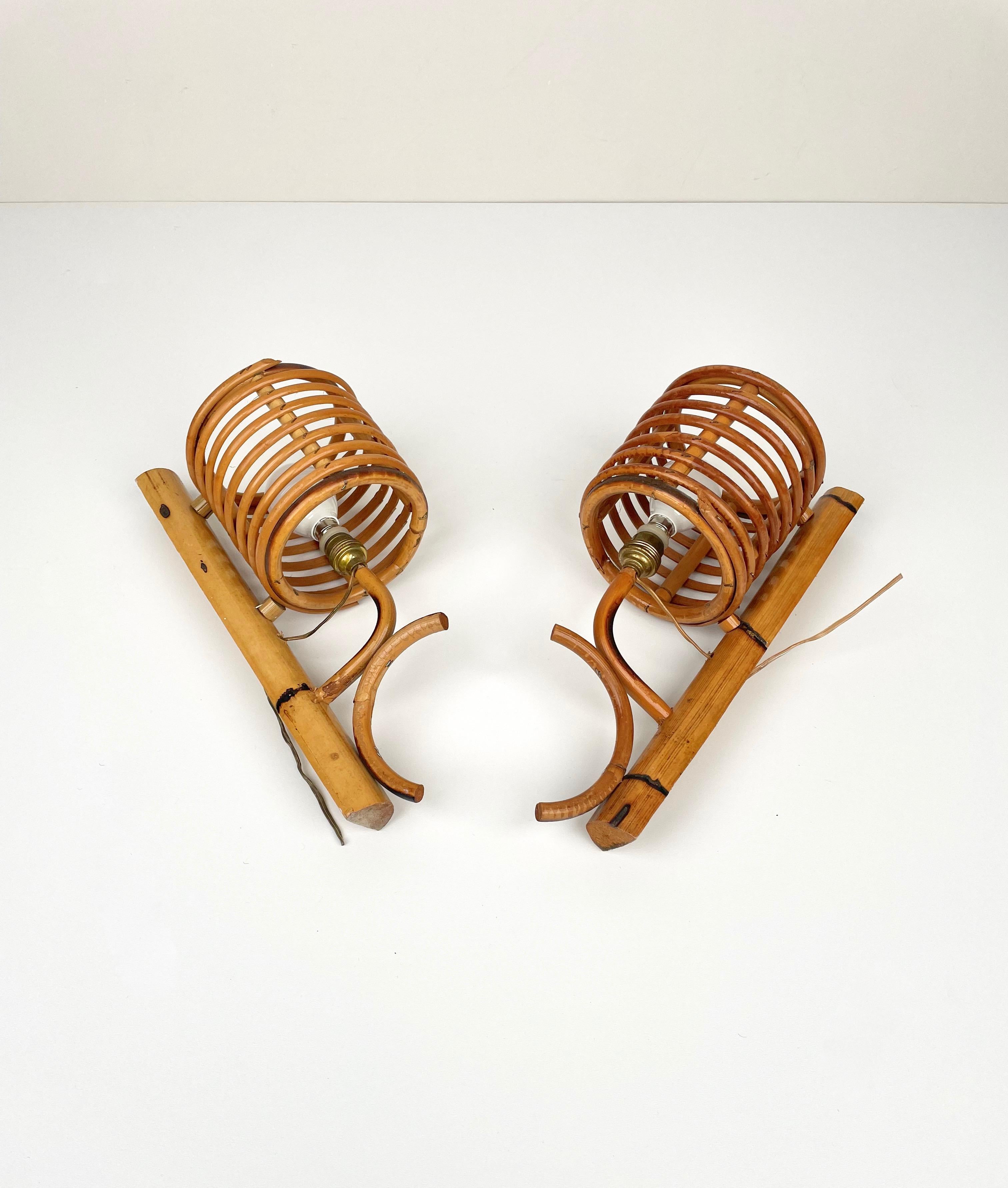 Pair of Sconces Lantern Rattan & Bamboo Attributed to Louis Sognot, France 1960s 5