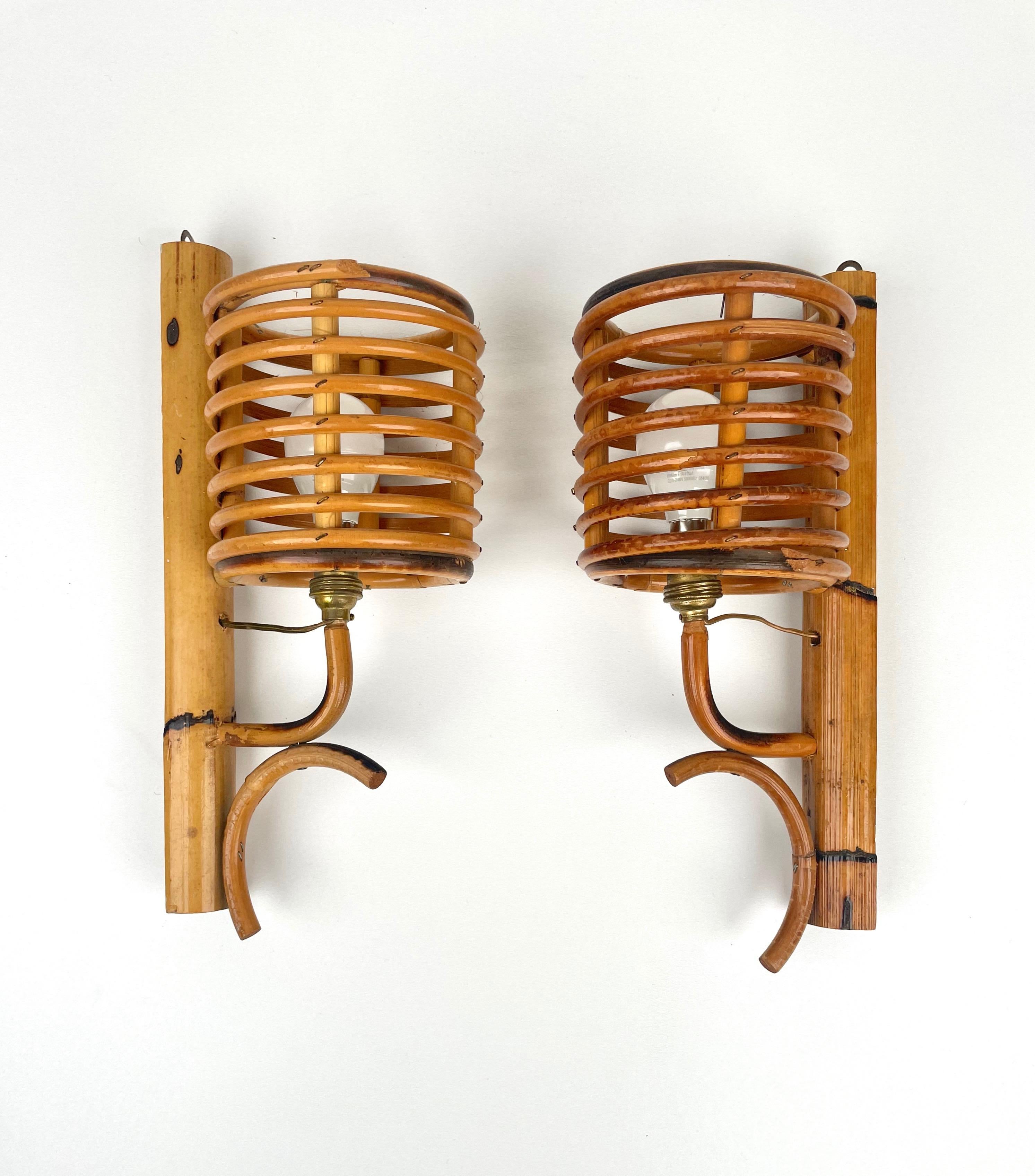 French Pair of Sconces Lantern Rattan & Bamboo Attributed to Louis Sognot, France 1960s