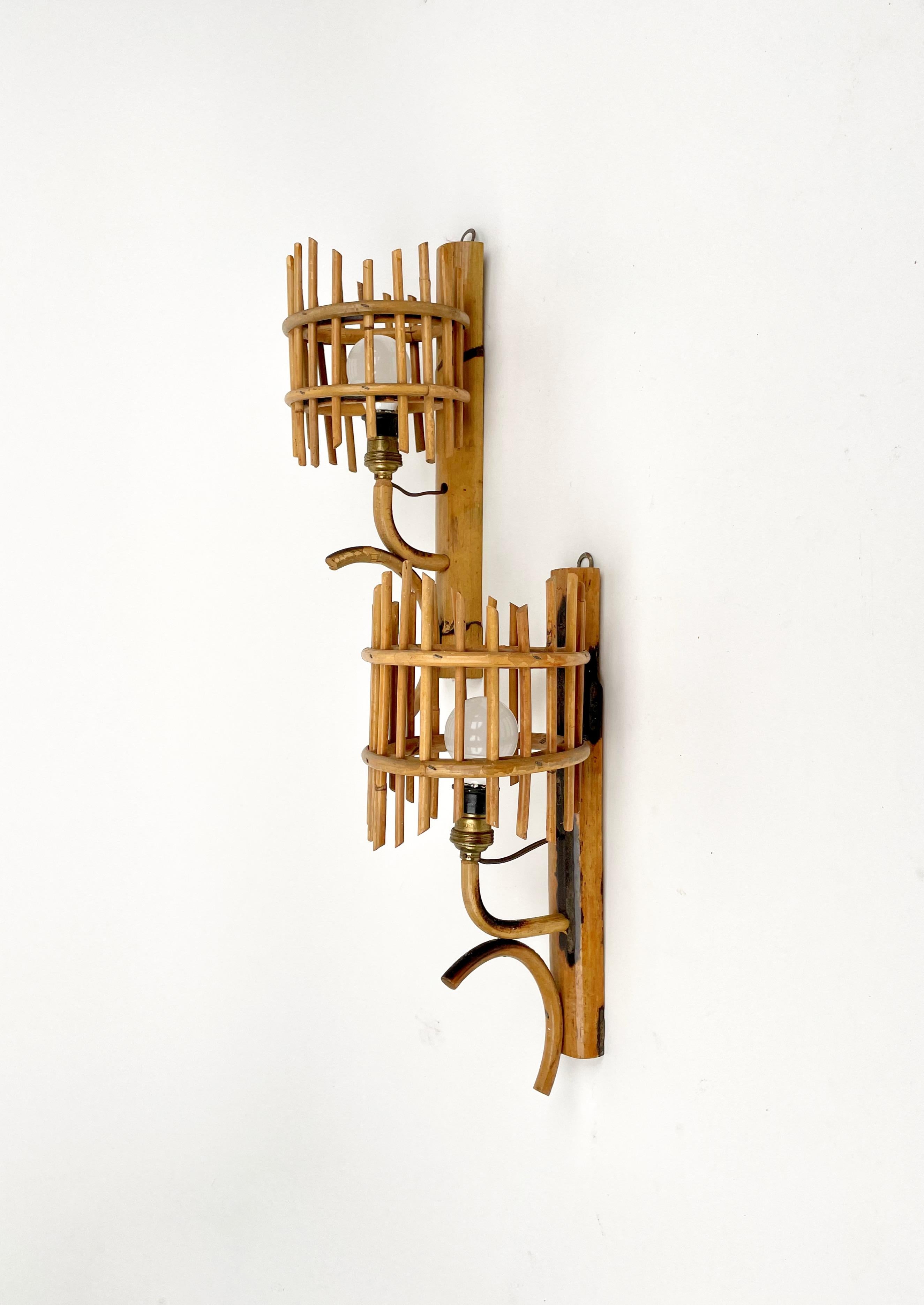 Mid-Century Modern Pair of Sconces Lantern Rattan & Bamboo Attributed to Louis Sognot, France 1960s