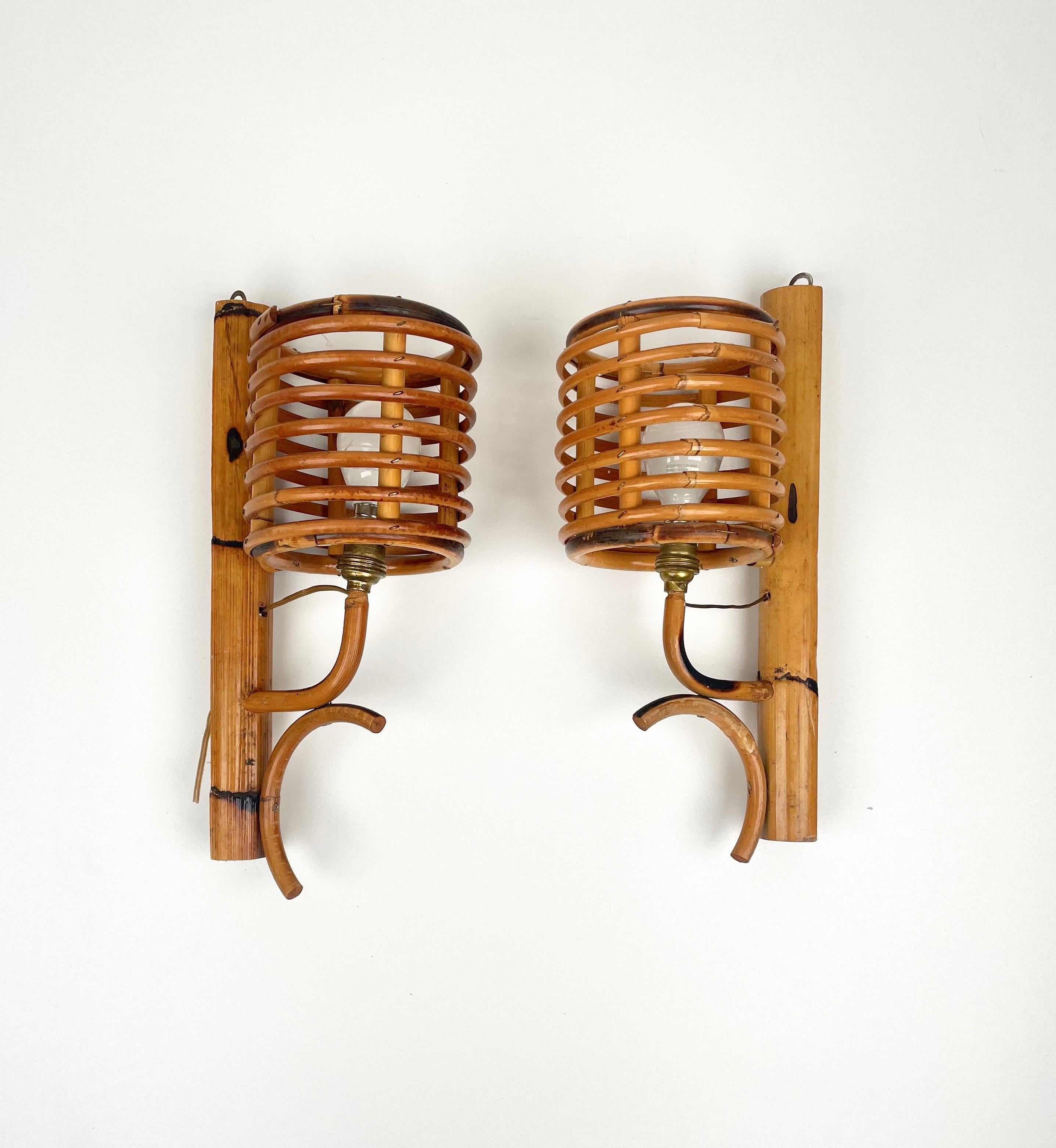 Mid-20th Century Pair of Sconces Lantern Rattan & Bamboo Attributed to Louis Sognot, France 1960s