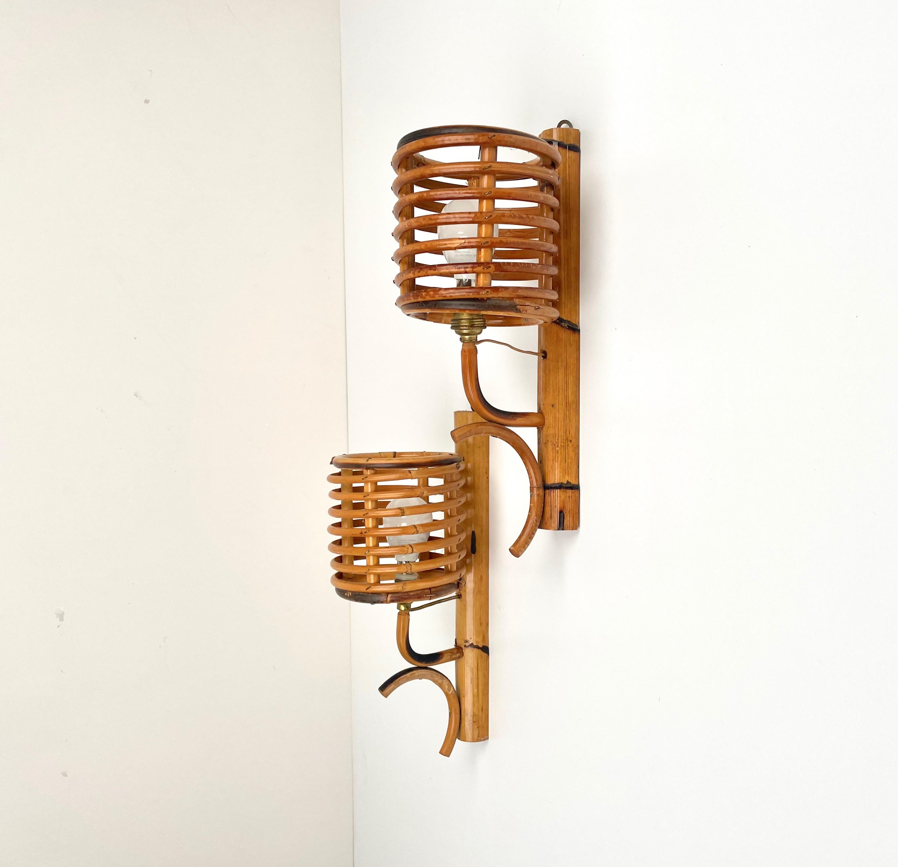 Pair of Sconces Lantern Rattan & Bamboo Attributed to Louis Sognot, France 1960s 1