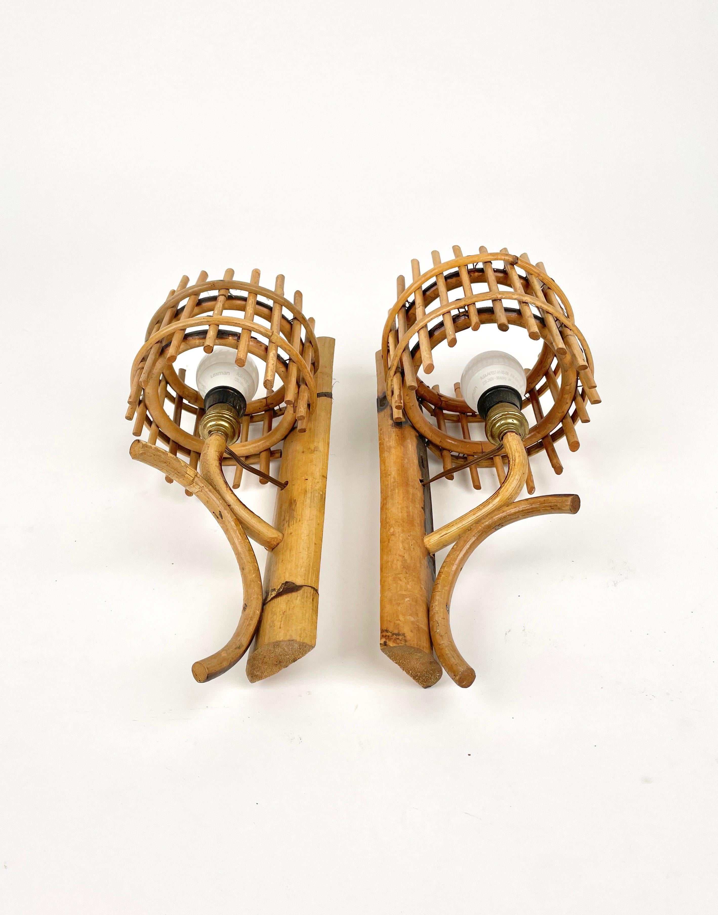 Mid-20th Century Pair of Sconces Lantern Rattan & Bamboo Attributed to Louis Sognot, France 1960s