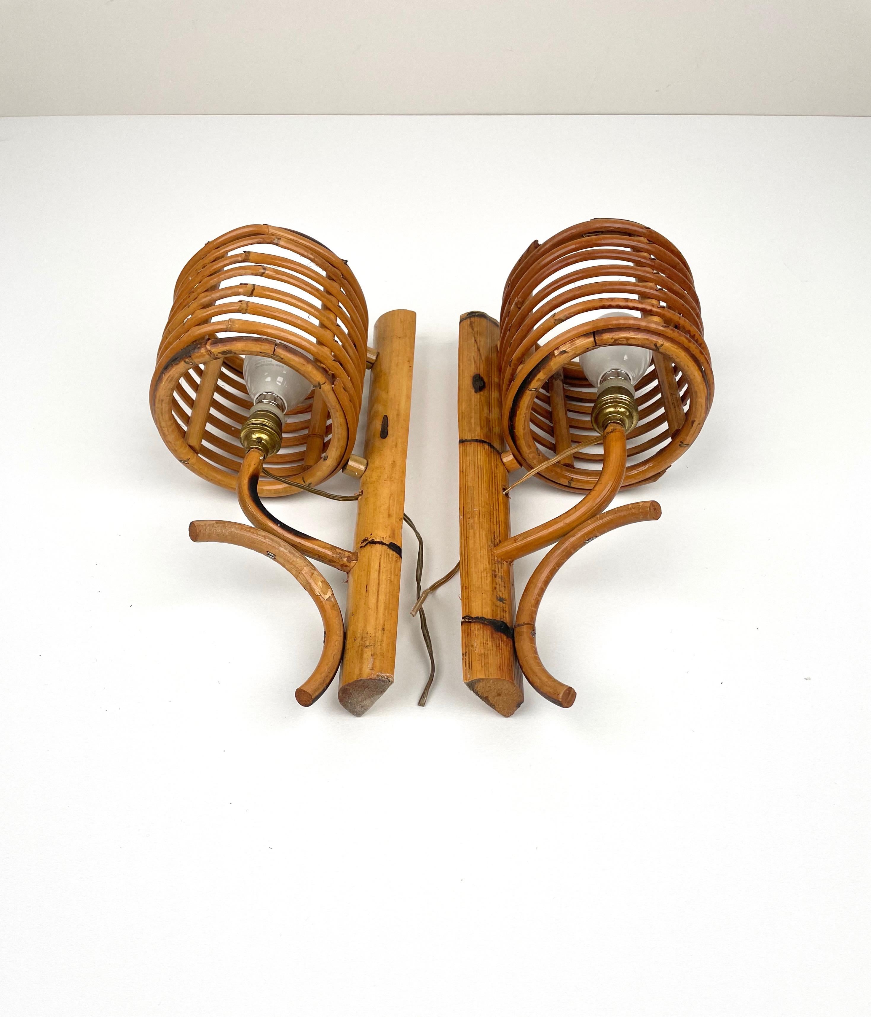 Pair of Sconces Lantern Rattan & Bamboo Attributed to Louis Sognot, France 1960s 2